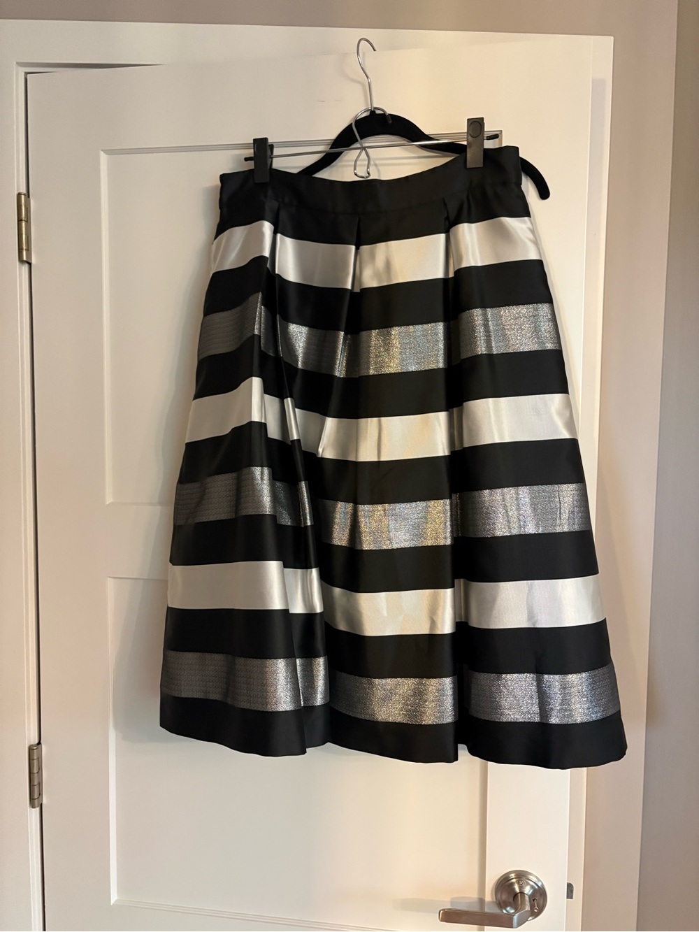Eliza J Black, Silver and White Striped A-Line Skirt with Pockets Size 12